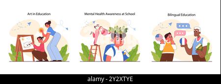 Set pedagogia. Metodi di educazione e istruzione dei bambini. I bambini delle scuole primarie acquisiscono conoscenze e competenze, un approccio moderno all'insegnamento. Illustrazione vettoriale piatta Illustrazione Vettoriale