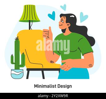Stile di vita minimalista. Pratica di vita semplice e controllata. Un'idea moderna e alla moda di declinare uno spazio abitativo e di routine. Consumo sostenibile e consapevole. Illustrazione vettoriale piatta Illustrazione Vettoriale