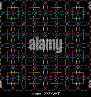 Pattern geometrico colorato di cerchi e quadrati su sfondo nero Illustrazione Vettoriale