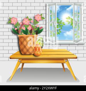 Vaso di fiori sul tavolo di legno vicino alla finestra aperta con luce solare Illustrazione Vettoriale