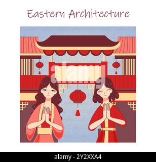 Cultura orientale. Architettura giapponese e cinese e edificio religioso. Personaggi femminili di fronte al castello rosso con cancelli aperti, templi con lanterne di carta appese. Illustrazione vettoriale piatta Illustrazione Vettoriale