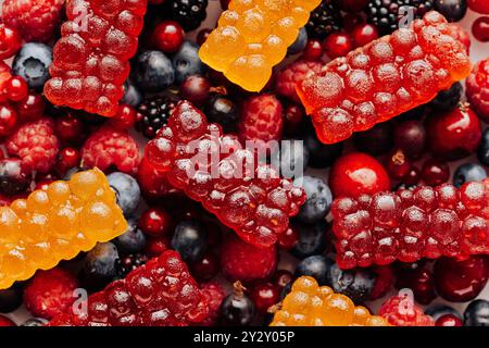 Colorata marmellata di bacche naturali su frutti e bacche freschi, salutare e dolce Foto Stock