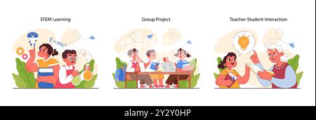 Set pedagogia. Metodi di educazione e istruzione dei bambini. I bambini delle scuole primarie acquisiscono conoscenze e competenze, un approccio moderno all'insegnamento. Illustrazione vettoriale piatta Illustrazione Vettoriale