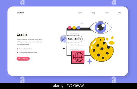 Banner Web o landing page sulla tecnologia dei cookie. Monitoraggio della sessione del browser Web. Accesso al computer dell'utente. Miglioramento dell'identificazione del dispositivo e dell'esperienza di navigazione sul Web. Illustrazione vettoriale piatta Illustrazione Vettoriale