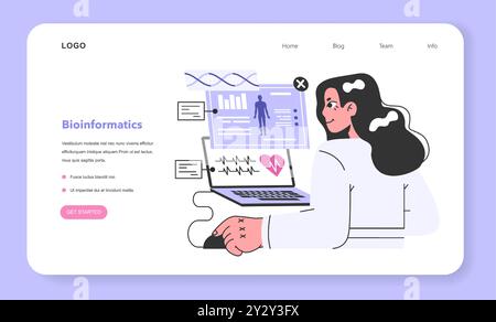 Banner Web o landing page per bioinformatica. Servizi medici INFORMATICI, calcolo e analisi di dati biologici. Metodi e strumenti software per comprendere i dati biologici. Illustrazione piatta vettoriale. Illustrazione Vettoriale