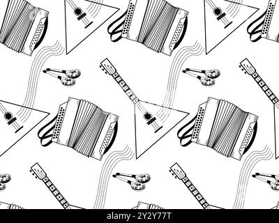 Motivo senza cuciture sul tema degli strumenti musicali. Balalaika, fisarmonica, cucchiai dipinti in legno, tutti gli oggetti sono disegnati a mano in vettoriale. Popolo russo Illustrazione Vettoriale
