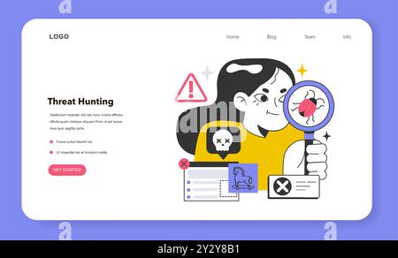 Banner Web o landing page per la ricerca di minacce informatiche. Pratica di ricerca proattiva di minacce informatiche. Il rilevamento di attacchi informatici ha evitato la difesa tradizionale. Illustrazione vettoriale piatta Illustrazione Vettoriale