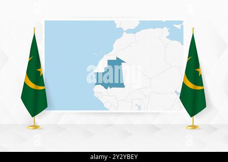 Mappa della Mauritania e bandiere della Mauritania sullo stand della bandiera. Illustrazione vettoriale per la riunione diplomatica. Illustrazione Vettoriale