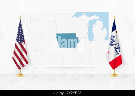 Mappa dell'Iowa e bandiere dell'Iowa sullo stand. Illustrazione vettoriale per la riunione diplomatica. Illustrazione Vettoriale
