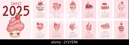 Carino calendario dolce 2025. Divertenti dessert a base di cartoni animati, torta di compleanno, gelato e cupcake. Organizer di pianificazione verticale stampabile vettoriale. Illustrazione Vettoriale