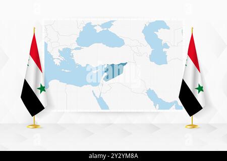 Mappa della Siria e bandiere della Siria sullo stativo della bandiera. Illustrazione vettoriale per la riunione diplomatica. Illustrazione Vettoriale