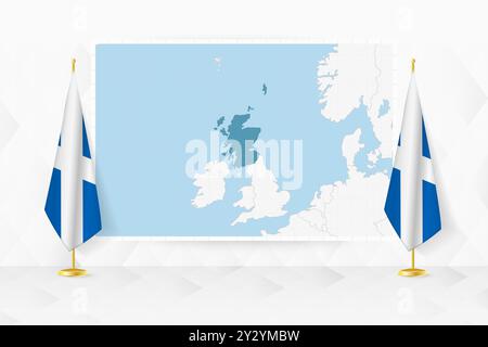 Mappa della Scozia e delle bandiere di Scozia sullo stativo della bandiera. Illustrazione vettoriale per la riunione diplomatica. Illustrazione Vettoriale