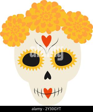 Teschio decorativo in fiori corona e cuori del viso e linee ondulate ornamento in tonalità vivaci e alla moda. Illustrazione vettoriale isolata su bianco. Adesivi, biglietti d'auguri, poster, banner o Web, idea promozionale Illustrazione Vettoriale