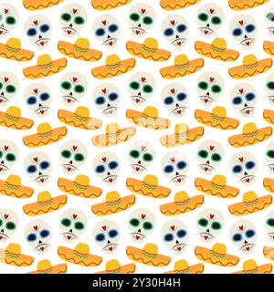 Teschi decorativi di zucchero con baffi e sombrero senza cuciture idea Day of the Dead background. Illustrazione vettoriale isolata su involucro bianco, sfondo, imballaggio o Web, schede, poster, banner Illustrazione Vettoriale