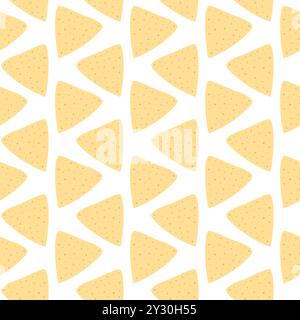 Motivo nachos con tortilla chips senza cuciture in tonalità morbide e alla moda. Texture di sfondo decorativo isolata. Carta da parati, involucri o cartoline, poster, striscioni, brochure, illustrazione del prezzo, dell'etichetta o del vettore Web Illustrazione Vettoriale