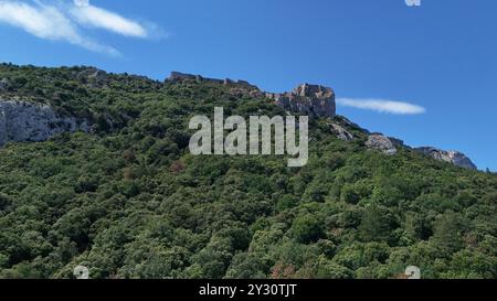 Vista aerea del castello cataro di Peyrepertuse nella regione dell'Aude in Francia Foto Stock