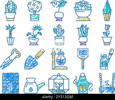 icona degli accessori per la cura e le piante in vaso disegnata a mano Illustrazione Vettoriale