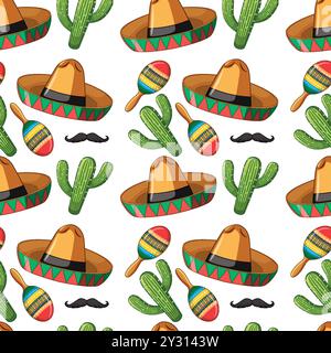 Sombreri colorati, cactus, maracas e baffi Illustrazione Vettoriale