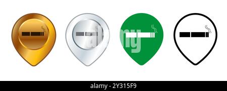 Area fumatori zona fumatori mappa localizzare la posizione informazioni posizione posizionare il logo della sigaretta design set collezione Illustrazione Vettoriale