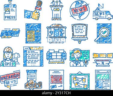 icona business della schermata dei media di notizie disegnata a mano Illustrazione Vettoriale