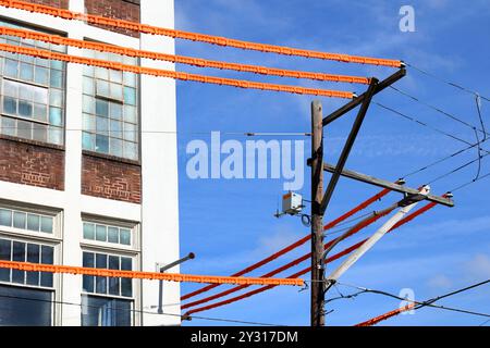 Coperture per linee elettriche, protezioni per linee di sicurezza arancioni che coprono i cavi elettrici su un palo di pubblica utilità vicino a un cantiere edile per la sicurezza dei lavoratori Foto Stock