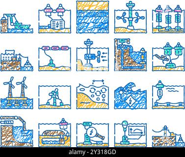 icona della potenza dell'impianto di energia a onda disegnata a mano Illustrazione Vettoriale