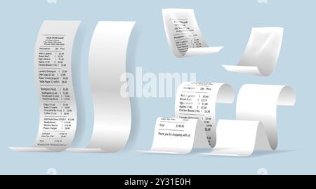 Set di bollette finanziarie. Modelli realistici di documenti finanziari, ricevute di acquisto e fatture. Modelli vuoti con spazio di copia. Vettore 3D. Illustrazione Vettoriale