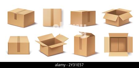 Set di scatole realistiche. Vista anteriore e superiore dei modelli di scatole di cartone chiuse e aperte. Imballaggio per la consegna dei pacchi. Elemento di design per banner. Vettore 3D. Illustrazione Vettoriale