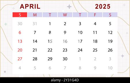 Calendario mensile di aprile 2025. Carino modello di calendario. Inizio domenica. Progettazione vettoriale Illustrazione Vettoriale