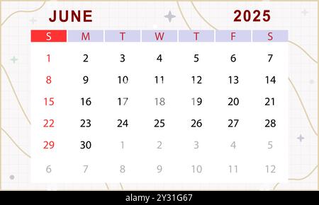 Calendario mensile di giugno 2025. Carino modello di calendario. Inizio domenica. Progettazione vettoriale Illustrazione Vettoriale