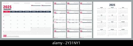 Calendar Planner 2025 in lingua inglese. Inizio settimana Sundey, modello di pianificazione del design aziendale. Illustrazione Vettoriale