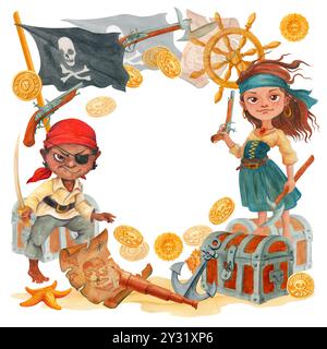 Bordo o cornice, con attributi pirati e caratteri corsari adolescenti. Composizione dello sfondo ad acquerello disegnato a mano con spazio vuoto per il testo al centro Foto Stock