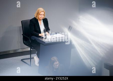 Berlino, Germania. 12 settembre 2024. Nancy Faeser (SPD), Ministro federale dell'interno e degli affari interni, registrata durante un discorso sulla sicurezza interna nel Bundestag tedesco a Berlino, il 12 settembre 2024. Credito: dpa/Alamy Live News Foto Stock