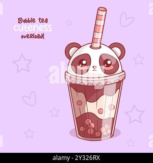 Orso Panda. Un bel bicchiere di Bubble Tea con paglia. Divertente drink dei personaggi del kawaii dei cartoni animati. Illustrazione vettoriale. Collezione bambini Illustrazione Vettoriale