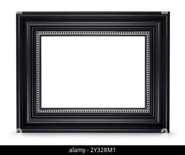 Cornice rettangolare in legno nero con finiture argentate per il tuo design di mockup, isolata su sfondo bianco Foto Stock