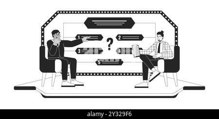 Studio di gioco televisivo con presentatore e concorrenti in 2D con personaggi in bianco e nero Illustrazione Vettoriale