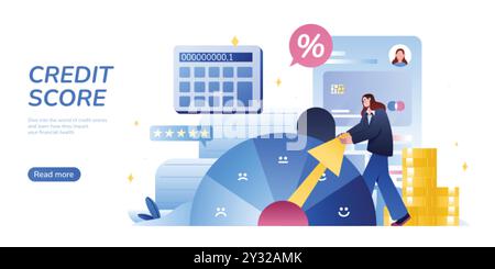 Una donna d'affari piatta cerca di migliorare il punteggio di credito. Carattere che tira la freccia del tachimetro da cattivo a buon livello di affidabilità creditizia per mutuo, mutuo. Misuratore, indicatore a barre, pagina di destinazione della scala di pesatura. Illustrazione Vettoriale