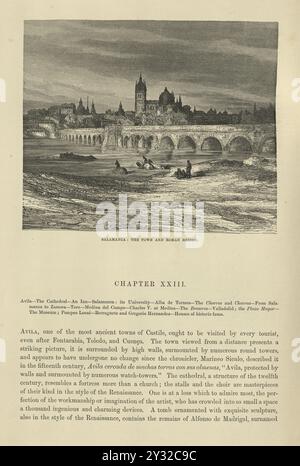 Illustrazione d'epoca della città e del Ponte Romano di Salamanca, spagnola, storia del XIX secolo, illustrata da Gustave Dore, Foto Stock