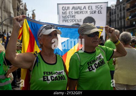 I manifestanti pro-indipendenza portano bandiere "esteladas" durante una dimostrazione di questo pomeriggio a Barcellona. Come ogni 11 settembre, nella città di Barcellona veniva celebrata la giornata nazionale catalana, nota anche come giornata della Catalogna o giornata nazionale della Catalogna. Al mattino, la tradizionale offerta floreale è stata fatta al monumento di Rafael Casanova, un evento politico organizzato da OMNIUM Cultural e nel pomeriggio una manifestazione unita del paese con il motto: 'Torniamo in strada: Indipendenza. Giustizia, paese, futuro. Foto Stock