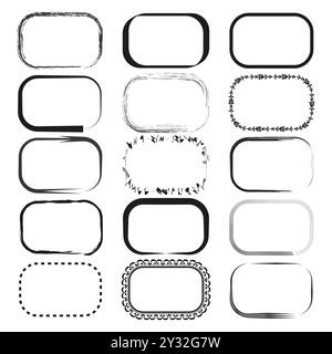 Cornici rettangolari decorative. Varietà di contorni neri. Disegni ornamentali e astratti. Bordi arrotondati e testurizzati. Illustrazione Vettoriale