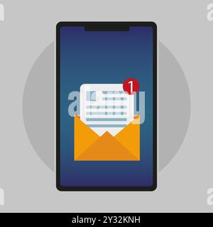 Icona di notifica dei messaggi in arrivo. Nuovo avviso e-mail. Schermo dello smartphone con busta. Simbolo di notifica luminoso. Illustrazione Vettoriale