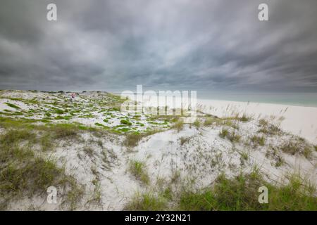 "Panama City Beach al suo meglio: La delicata avena di mare ondeggia sulle sabbie bianche, le acque color smeraldo brillano e le nuvole di tempesta si riuniscono, dipingendo una S mozzafiato Foto Stock