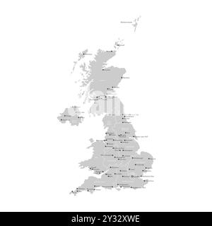 Illustrazione isolata moderna vettoriale. Mappa amministrativa semplificata del Regno Unito di Gran Bretagna e Irlanda del Nord. Forme grigie. Nomi di UK r Illustrazione Vettoriale