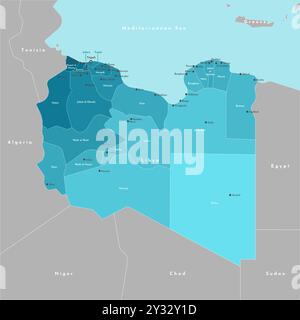 Illustrazione moderna vettoriale. Mappa amministrativa semplificata dello Stato della Libia. Confine con gli stati più vicini Algeria, Egitto, Niger, ecc. Sfondo blu di Illustrazione Vettoriale