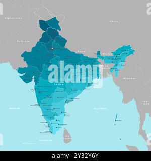 Illustrazione moderna vettoriale. Mappa amministrativa semplificata dell'India. Confine con i paesi più vicini Cina, Pakistan e così via Sfondo blu dei mari. NA Illustrazione Vettoriale