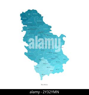 Illustrazione isolata vettoriale. Mappa amministrativa semplificata della Serbia, compreso il Kosovo, in blu. Sfondo bianco. Nomi delle città più grandi e Illustrazione Vettoriale