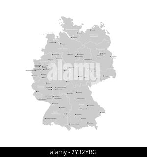 Illustrazione isolata vettoriale. Mappa amministrativa semplificata della Germania. Forme grigie delle regioni. Nomi di città e province deutsch. Backgroun bianco Illustrazione Vettoriale