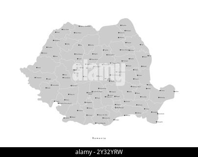 Illustrazione moderna vettoriale. Mappa amministrativa semplificata della Romania. Forma grigia con contorno bianco. Nomi di città e regioni, contee Illustrazione Vettoriale