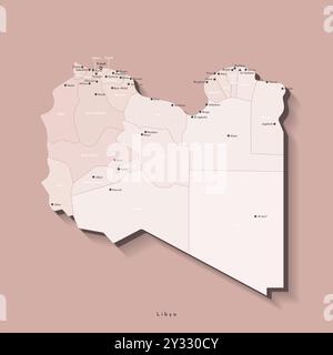 Illustrazione vettoriale moderna in colori beige. Mappa amministrativa semplificata della Libia. Nomi di capitali, città e regioni. Sfondo marrone Illustrazione Vettoriale