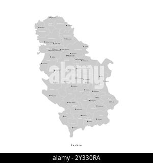 Illustrazione isolata vettoriale. Mappa amministrativa semplificata della Serbia, compreso il Kosovo, in grigio. Sfondo bianco. I nomi delle città più grandi e del Re Illustrazione Vettoriale